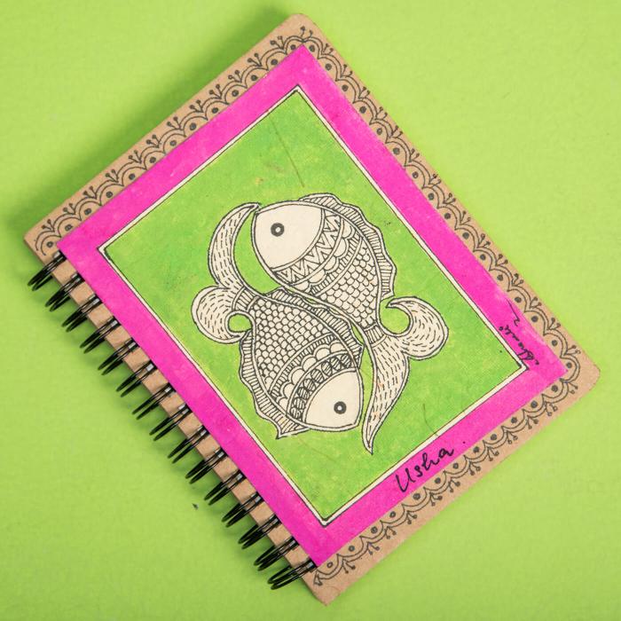 Madhubani Fish Motif Spiral Jotbook with Name - A6