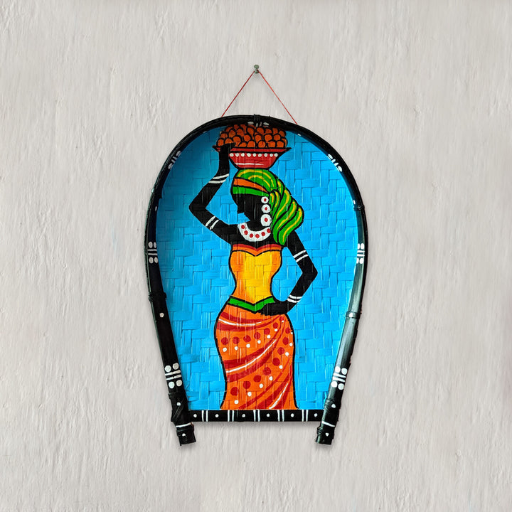 Handpainted African Lady with Pot Folk Art Bamboo Wall Decor
