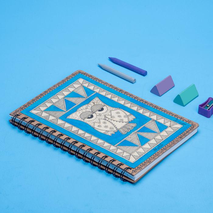 Madhubani Owl Spiral Journal in Blue