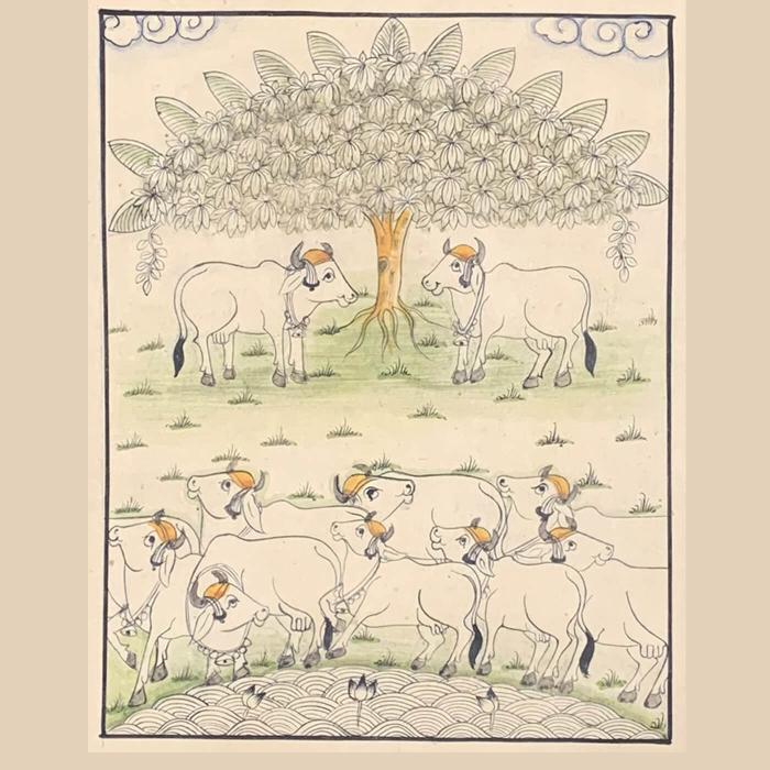 Cows standing under the Tree - Paper Phad Painting 115