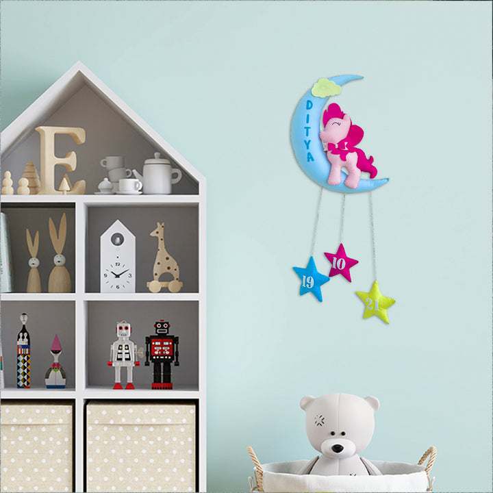 Handmade Pony on the Moon Kids Felt Name Hanging with Birthdate