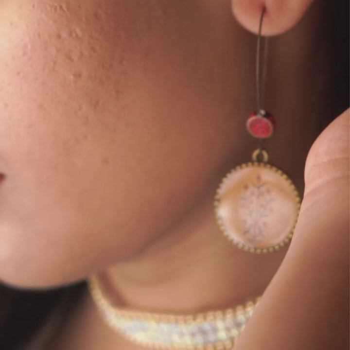 Hoop Earrings with Ceramic Bead - Brown Ajrakh Print