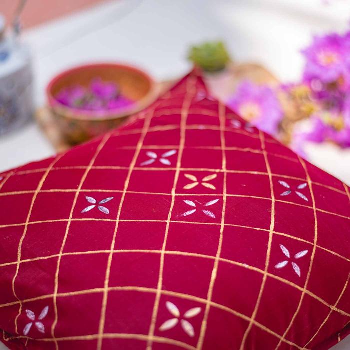 Maheshwari Silk Cushion Cover (12 X 12 inches) - Red & Gold
