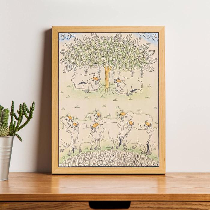 Cows sitting under the Tree - Paper Phad Painting 114