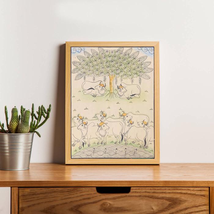 Cows sitting under the Tree - Paper Phad Painting 114