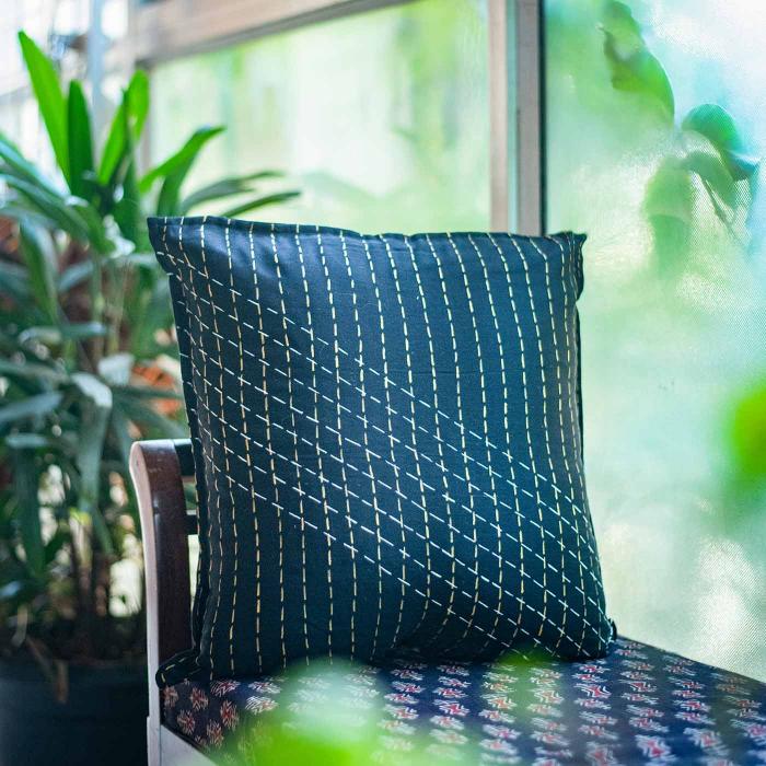 Maheshwari Silk Cushion Cover (12 X 12 inches) - Black with Katha Lines