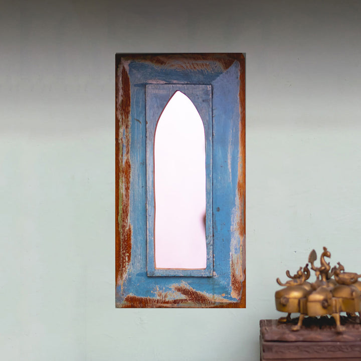 Handpainted Antique Mirror with Vintage Wooden Frame - Blue