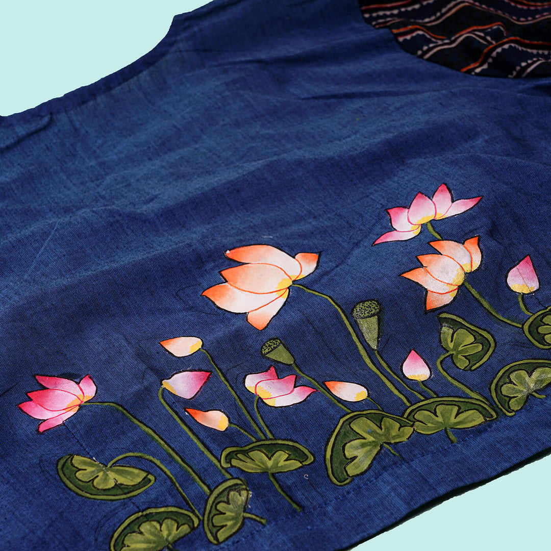 Unstiched Blouse Pieces - Blue with Lotus Stem