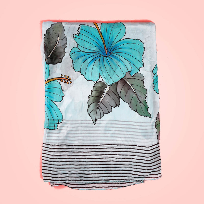 Handpainted and Handblocked Silk Dupatta - Blue Hibiscus