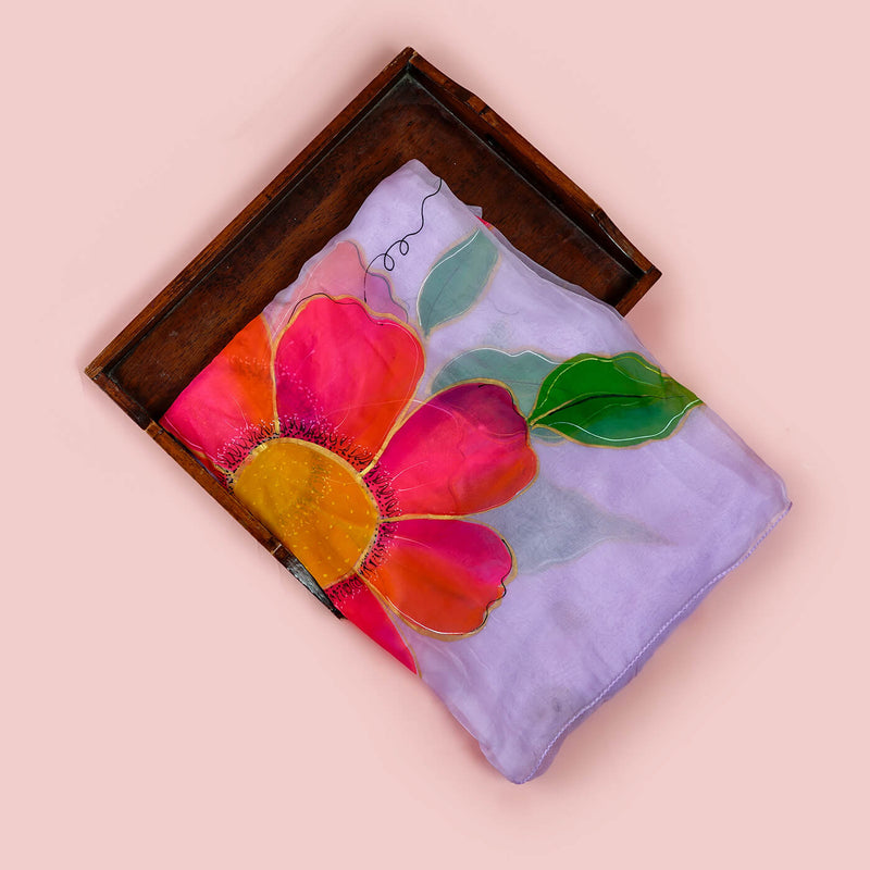 Handpainted Organza Dupatta - Red Daisy