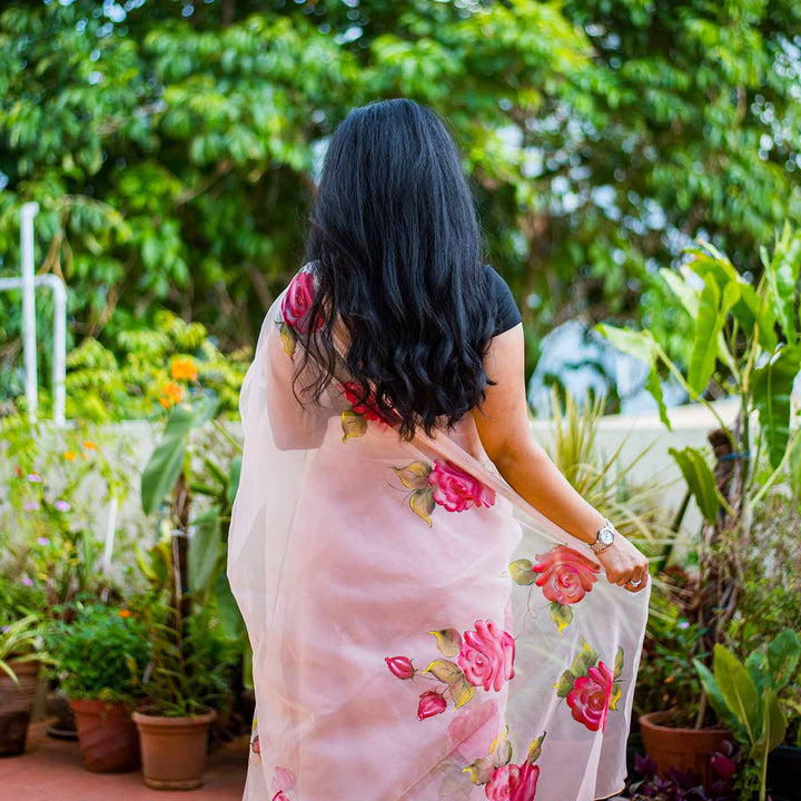 Hand-painted Floral Saree - Pink Rose