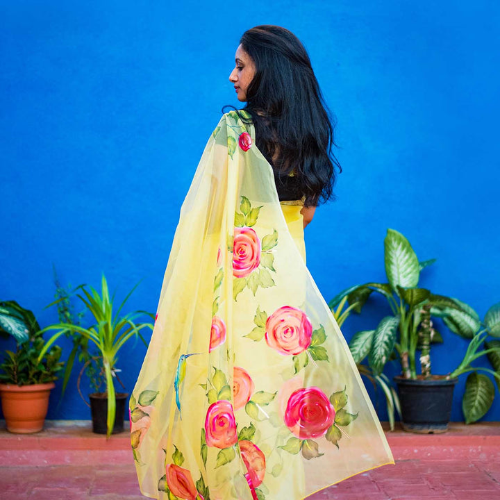 Bright Yellow Hand-painted Floral Sarees - Pink Rose with Birds