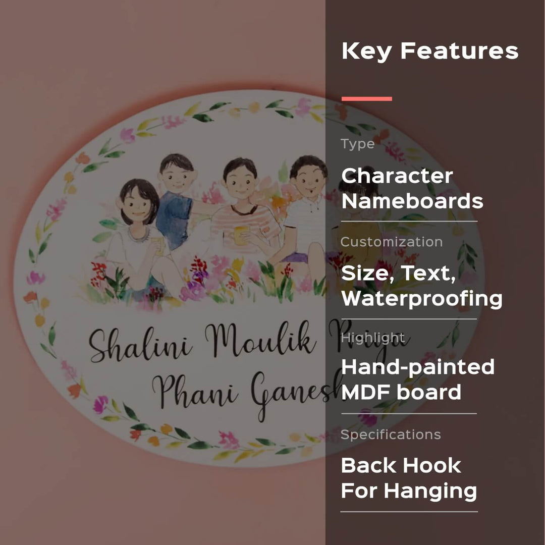 Oval Hand Painted Character Name Plate Friends - Front View with Text and Illustration