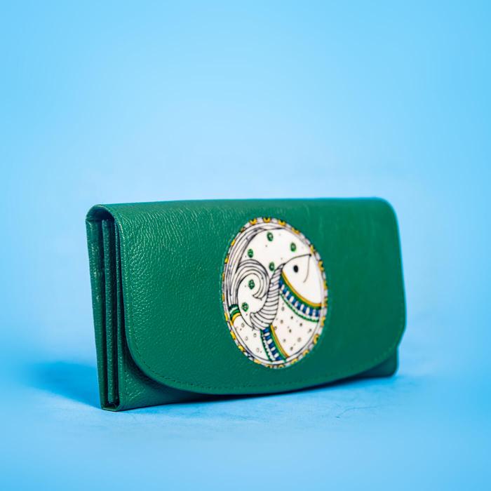 Green Flap Wallet with Fish Artwork