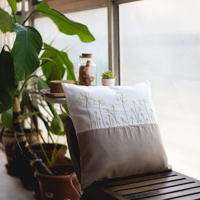Hand-embroidered White and Grey Dual Colour Cushion Cover - 40 x 40 cm