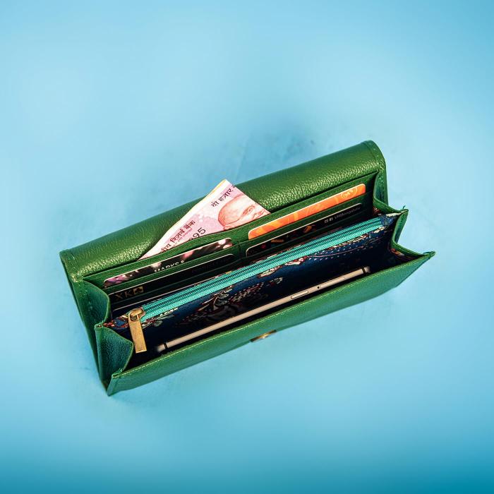 Green Flap Wallet with Fish Artwork