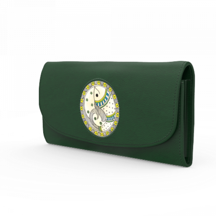 Green Flap Wallet with Fish Artwork