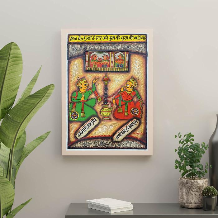 Conversation over Hookah- 1.1x1.5 ft Canvas Phad Painting 027