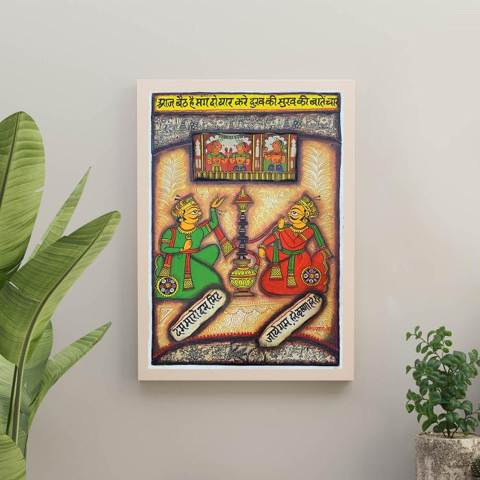 Conversation over Hookah- 1.1x1.5 ft Canvas Phad Painting 027