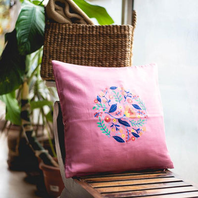 Hand-painted and Embroidered Cushion Cover - Vibrant Spring - 40 x 40 cm