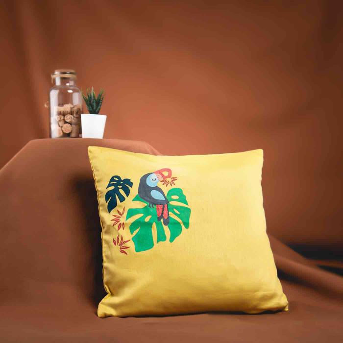 Hand-painted and Embroidered Cushion Cover - Tropical Toucan Bird - 40 x 40 cm