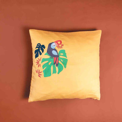 Hand-painted and Embroidered Cushion Cover - Tropical Toucan Bird - 40 x 40 cm