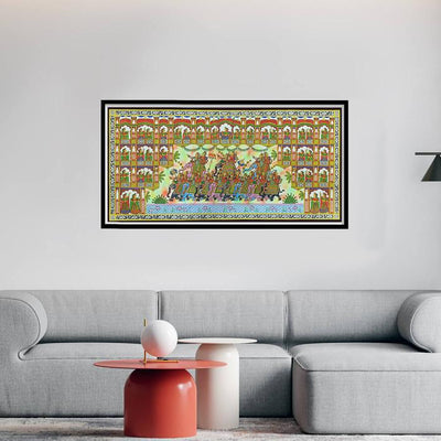 Royal Procession on Elephants - 4x2 ft Cotton Phad Painting 063