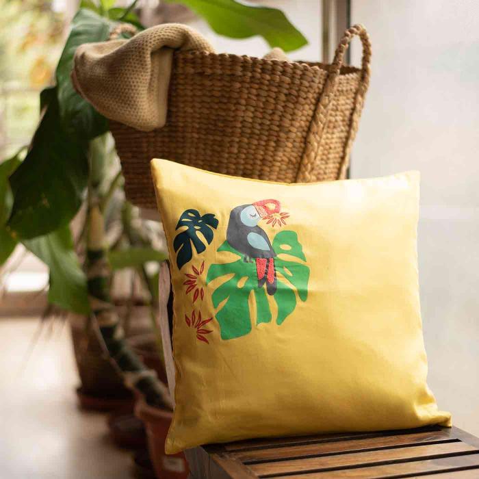 Hand-painted and Embroidered Cushion Cover - Tropical Toucan Bird - 40 x 40 cm