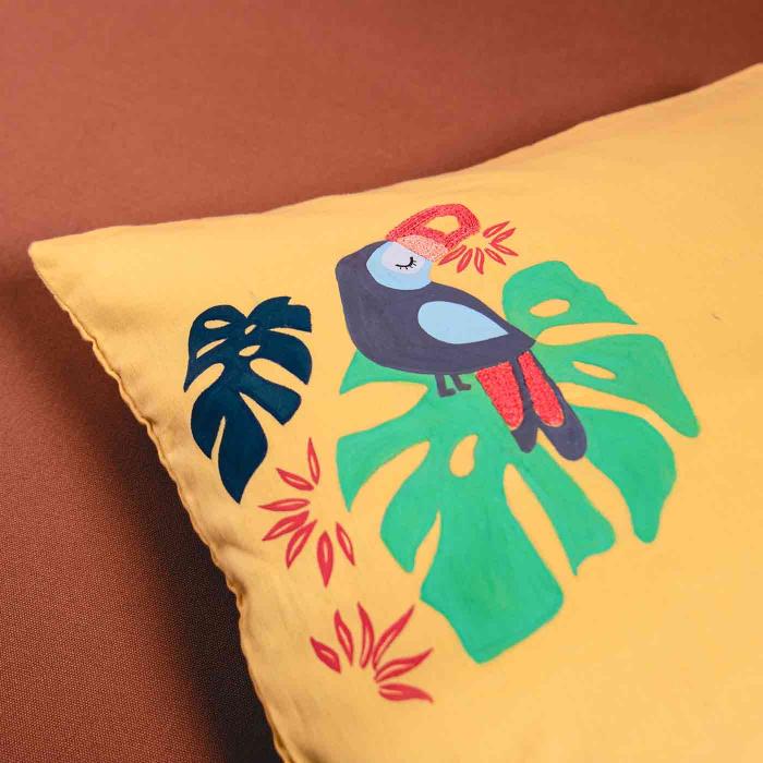 Hand-painted and Embroidered Cushion Cover - Tropical Toucan Bird - 40 x 40 cm