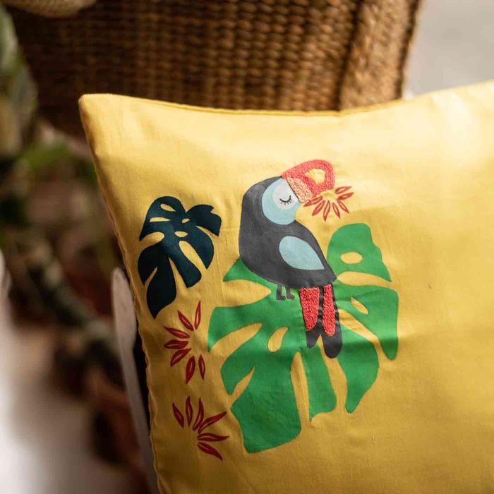Hand-painted and Embroidered Cushion Cover - Tropical Toucan Bird - 40 x 40 cm