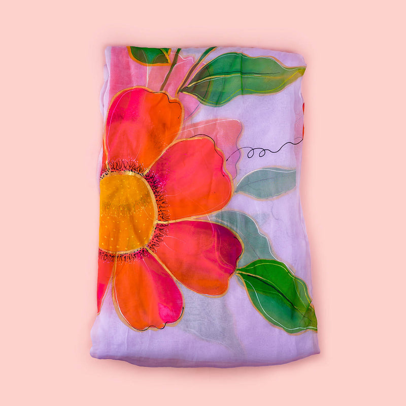Handpainted Organza Dupatta - Red Daisy