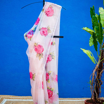 Hand-painted Floral Saree - Pink Rose