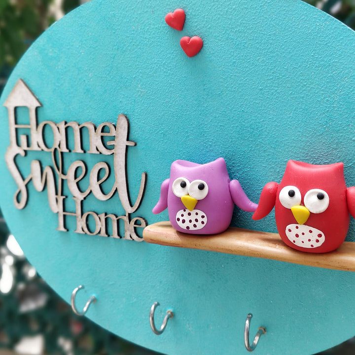 Blue Key Holder with Clay Owls