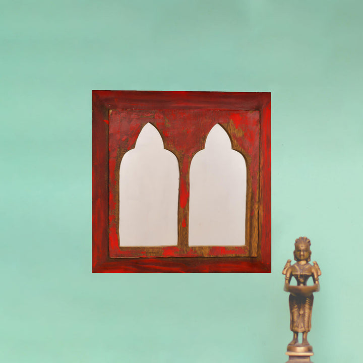 Handpainted Antique Mirror with Vintage Wooden Frame - Red