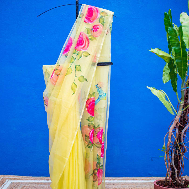 Bright Yellow Hand-painted Floral Sarees - Pink Rose with Birds