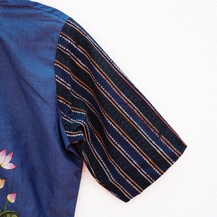 Unstiched Blouse Pieces - Blue with Lotus Stem