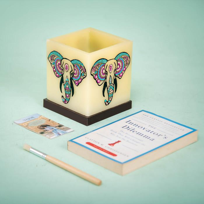 Large Cuboid Hollow Candle with Blue and Purple Elephant Artwork