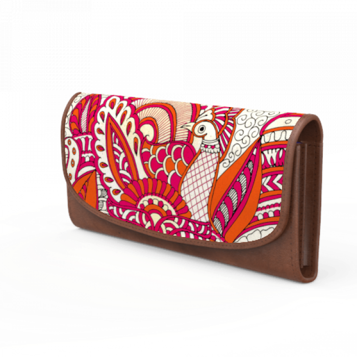 Pink & Orange Doodle Peacock Flap Wallet in Tan