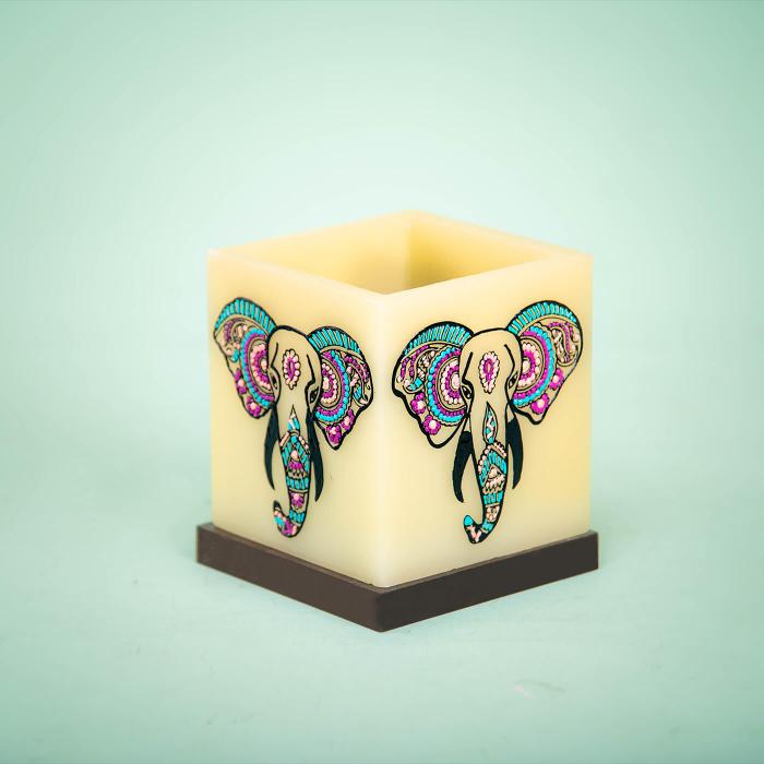 Large Cuboid Hollow Candle with Blue and Purple Elephant Artwork
