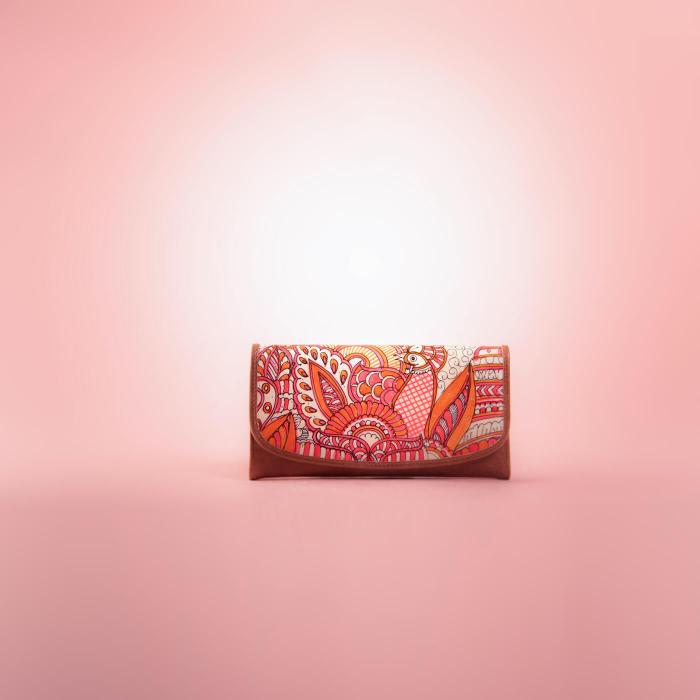 Pink & Orange Doodle Peacock Flap Wallet in Tan