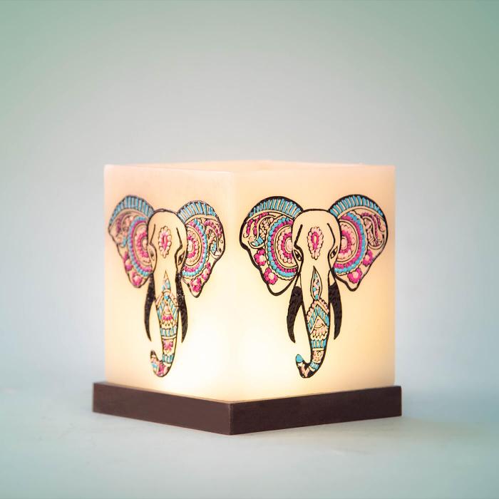 Large Cuboid Hollow Candle with Blue and Purple Elephant Artwork