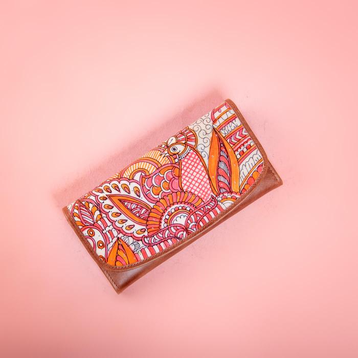 Pink & Orange Doodle Peacock Flap Wallet in Tan