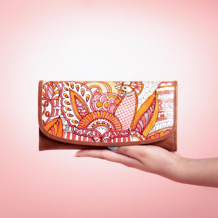 Pink & Orange Doodle Peacock Flap Wallet in Tan