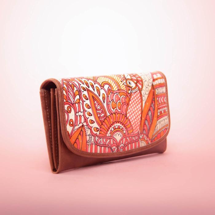 Pink & Orange Doodle Peacock Flap Wallet in Tan