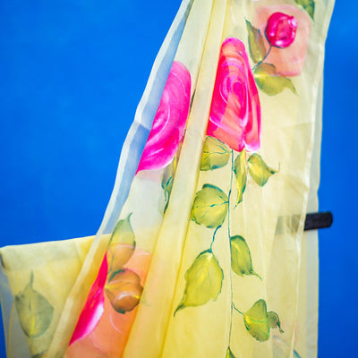 Bright Yellow Hand-painted Floral Sarees - Pink Rose with Birds