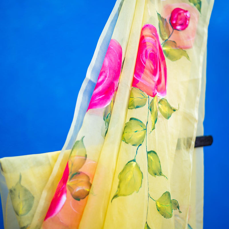 Bright Yellow Hand-painted Floral Sarees - Pink Rose with Birds