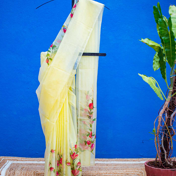 Light Yellow Hand-painted Floral Sarees - Red Bougainvillea