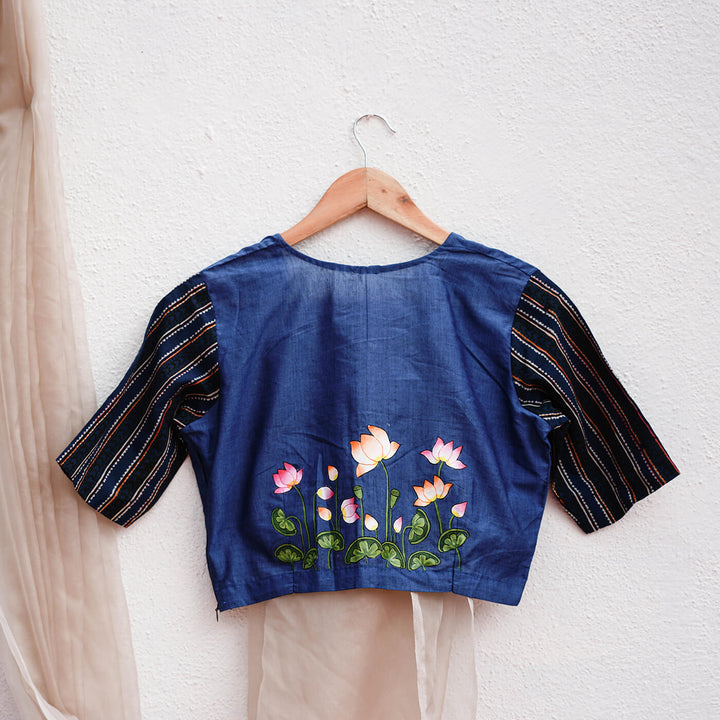 Unstiched Blouse Pieces - Blue with Lotus Stem