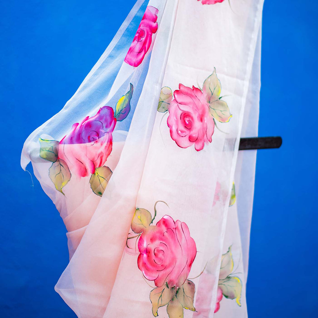 Hand-painted Floral Saree - Pink Rose