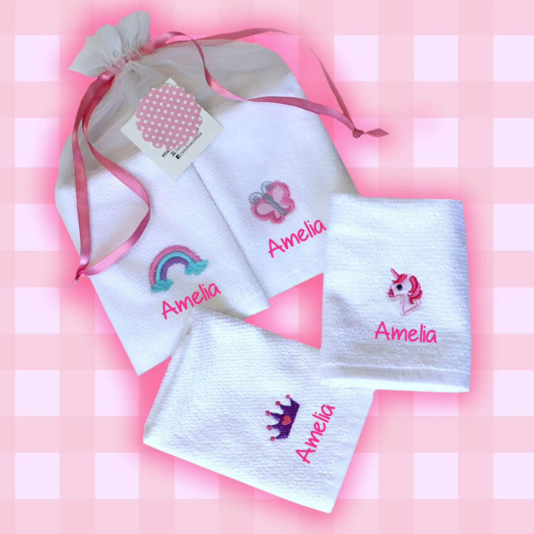 Personalised Face Towels for Kids (Set of 4) - Magical World - Personalised Gifts for Baby Girl - Zwende